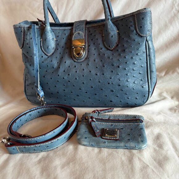 Dooney & Burke Blue Leather Ostrich Satchel Bag - Picture 1 of 7